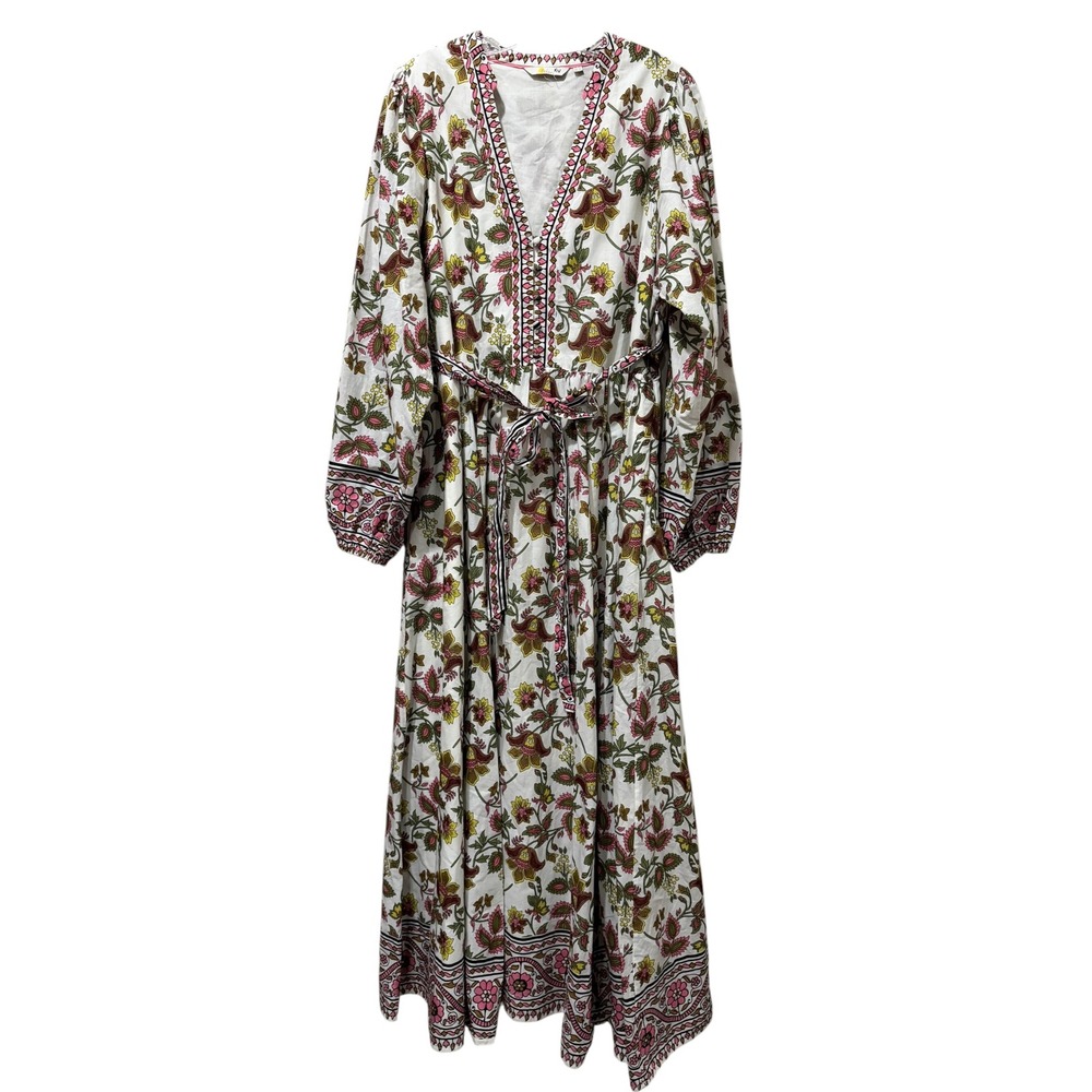 Boden 14 Amelia Notch Dress Floral Cotton Maxi White Pink Green V-Neck